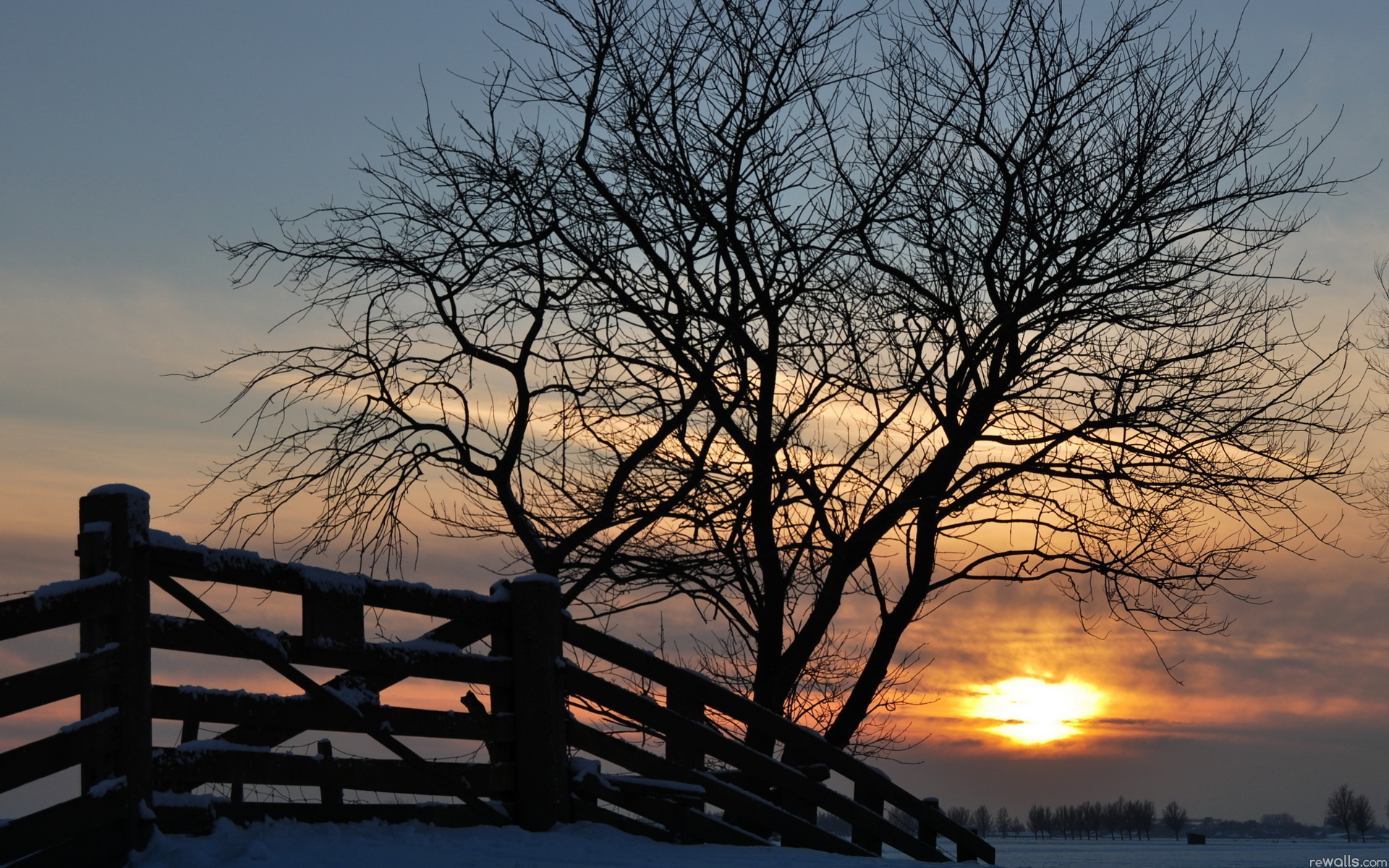 забор снег зима закат the fence snow winter sunset бесплатно